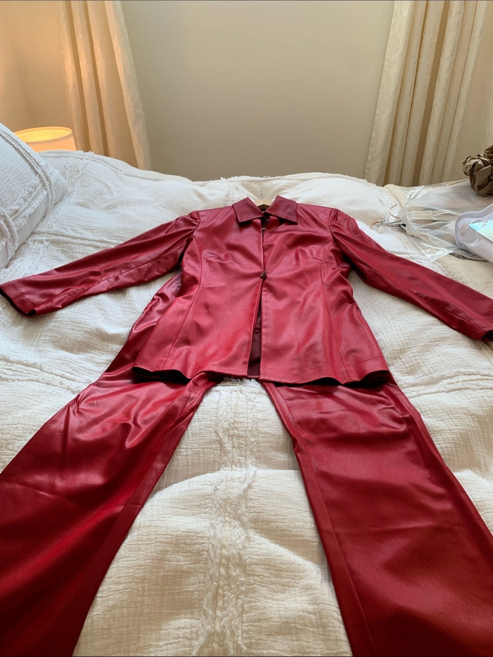 bebe Red Shiny Pantsuit (Jacket and Pants)